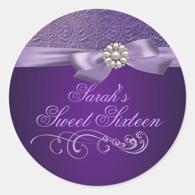 Purple Damask & Bow Sweet 16 Envelope Sticker (Front)
