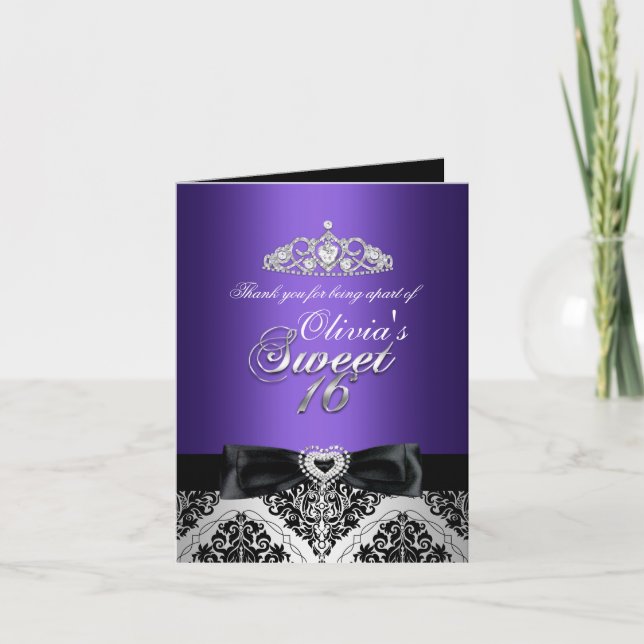 Purple Damask & Bow Sweet Sixteen Thank You Card (Front)