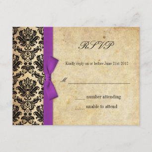 Purple Damask Bow Wedding RSVP Card