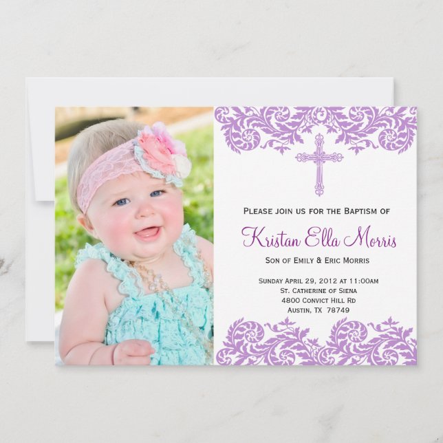 Purple Damask Christening Baptism Invitation (Front)