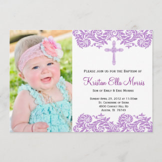 Purple Damask Christening Baptism Invitation