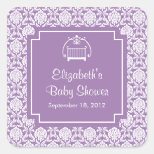 Purple Damask Crib Baby Shower Square Sticker