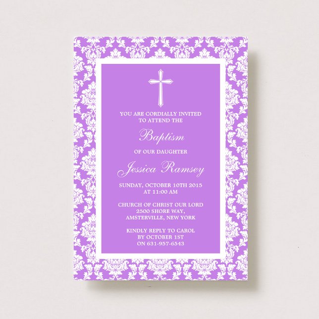 Purple Damask Cross Baptism Or Christening Invitation (Creator Uploaded)