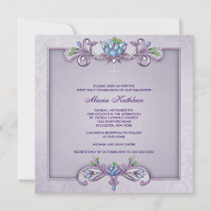 Purple Damask Cross Girls First Communion Invitation