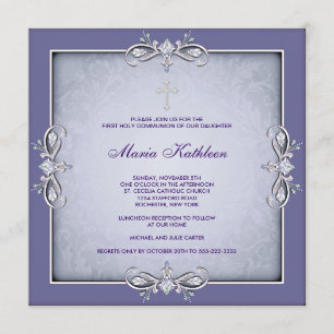 Purple Damask Cross Girls First Communion Invitation