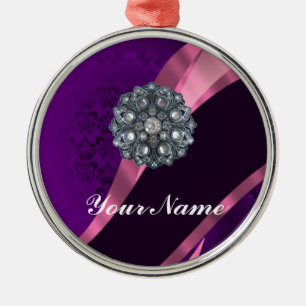 Purple damask & crystal metal ornament