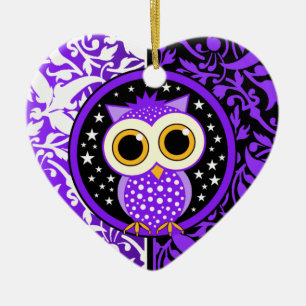 purple damask cute owl ceramic ornament
