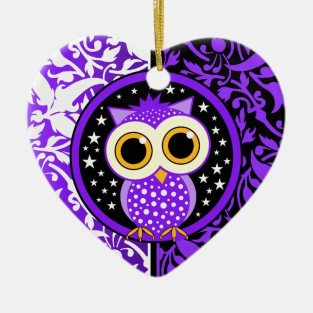 purple damask cute owl ceramic ornament (Front)