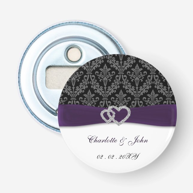 Purple Damask Diamante Wedding Bottle Opener (Front)
