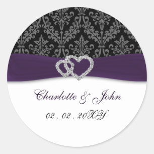 Purple Damask Diamante Wedding Classic Round Sticker