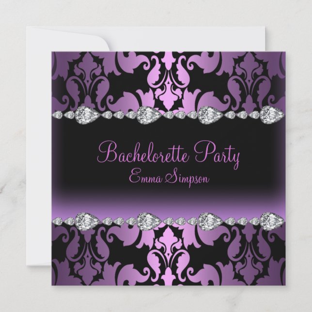 Purple Damask & Diamond Bachelorette Invite (Front)