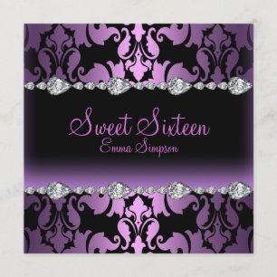 Purple Damask & Diamond Sweet Sixteen Invite