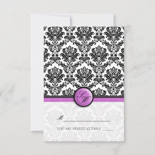 Purple Damask Folding Tent  Place Card (Front)