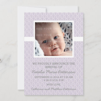 Purple Damask Frame Photo Baby Announcement