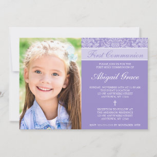 Purple Damask Girl Photo First Communion Invitation