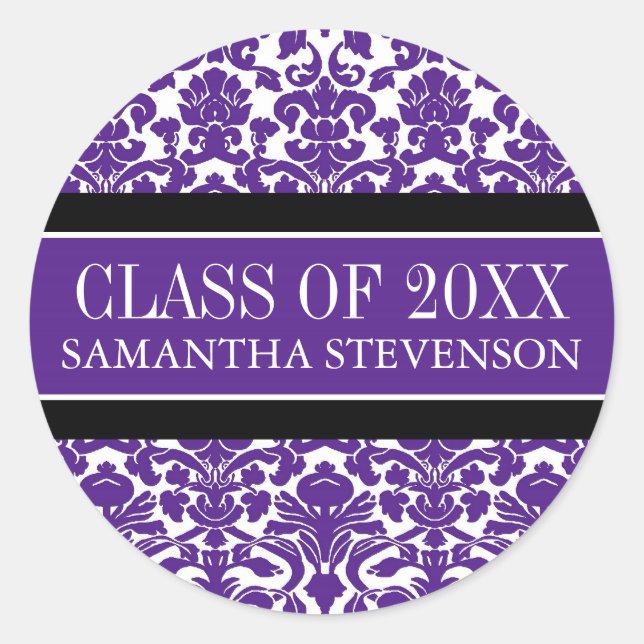 Purple Damask Graduation Custom Year Name Classic Round Sticker (Front)
