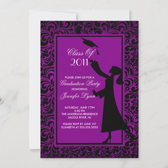 Purple Damask Graduation Invitation Graduate (Front)