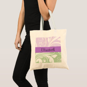 Purple Damask, Green Damask, Your Name Tote Bag