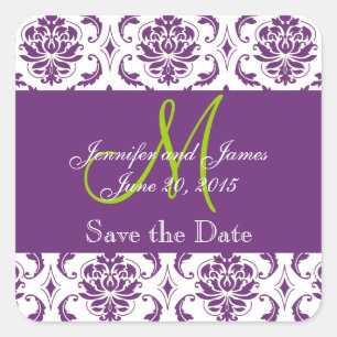 Purple Damask Green Monogram Save the Date Sticker