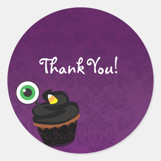 Purple Damask Halloween Cupcake Party Sticker (Front)