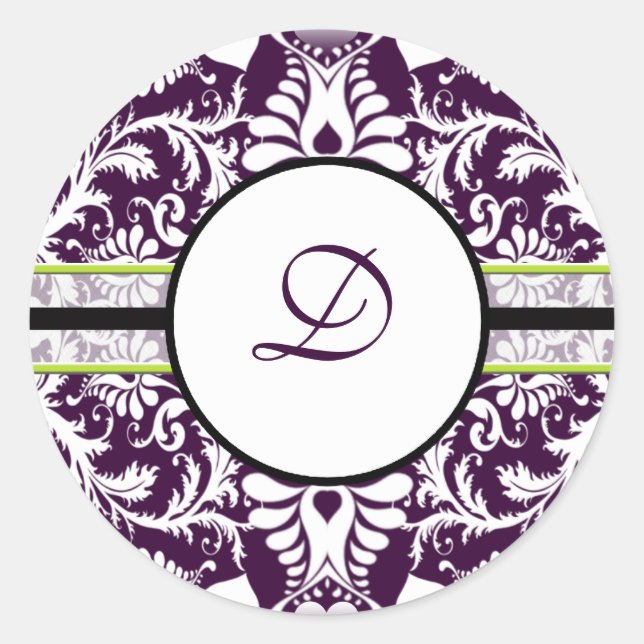 Purple Damask Initial Sticker Letter D Wedding (Front)