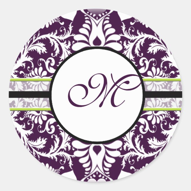 Purple Damask Initial Sticker Letter M Wedding (Front)