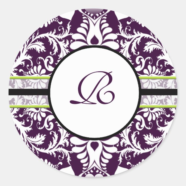 Purple Damask Initial Sticker Letter R Wedding (Front)