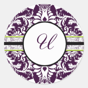 Purple Damask Initial Sticker Letter U Wedding