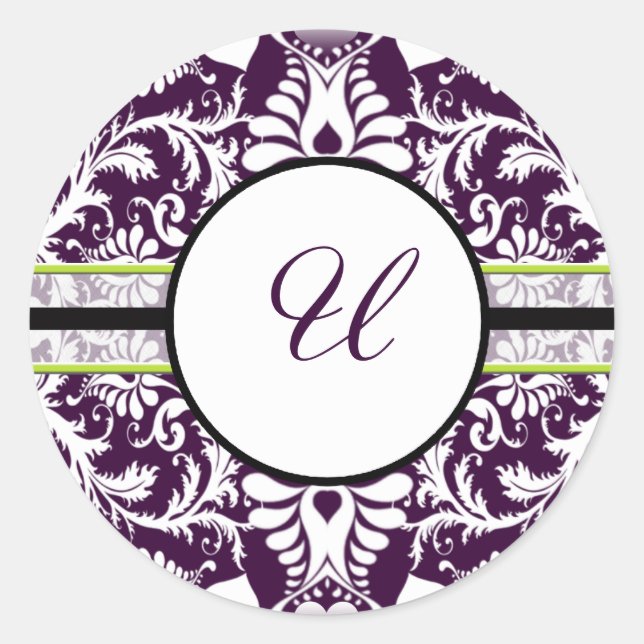 Purple Damask Initial Sticker Letter U Wedding (Front)