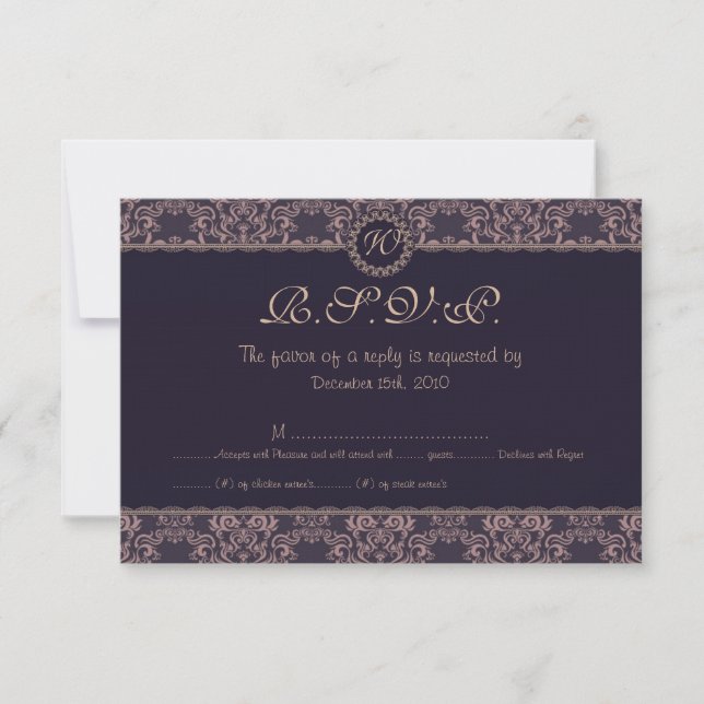 Purple Damask Lace Wedding RSVP Card (Front)
