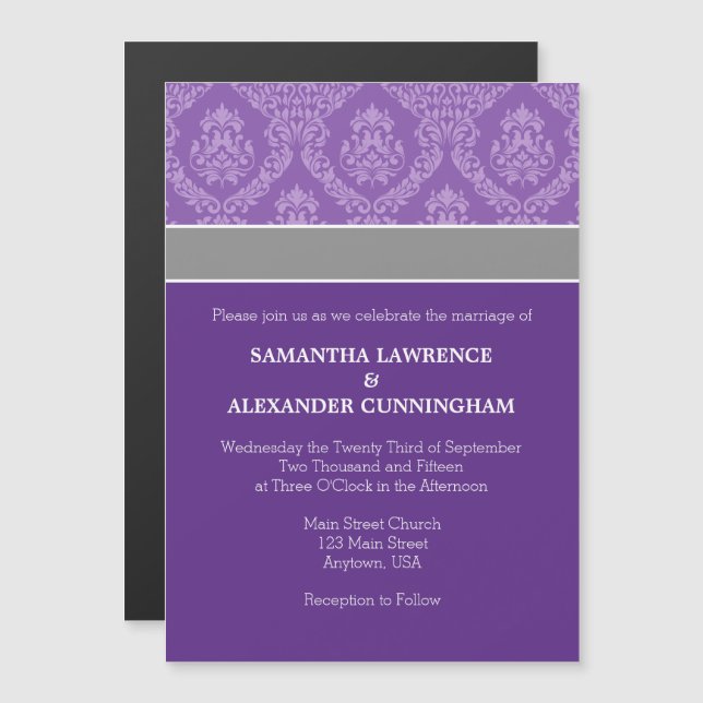Purple Damask Magnetic Wedding Invitation (Front/Back)
