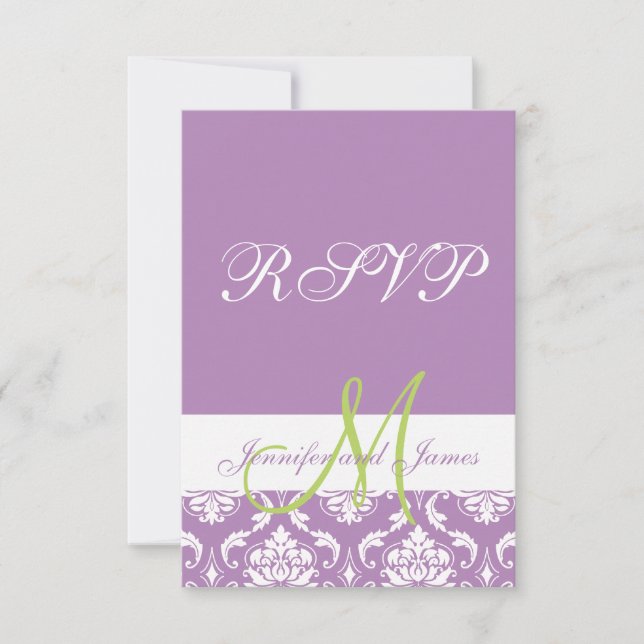 Purple Damask Monogram Photo Wedding RSVP (Front)