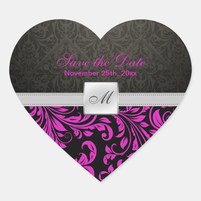Purple Damask Monogram Save the Date stickers (Front)