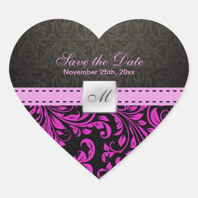 Purple Damask Monogram Save the Date stickers (Front)