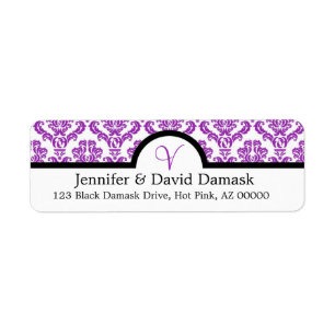Purple Damask Monogram V Wedding Mailing Labels