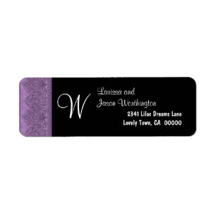Purple Damask Monogram W Wedding Black Background Return Address Label
