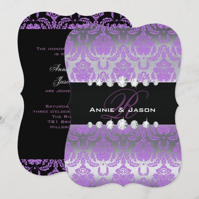 Purple Damask Monogram Wedding  Invitation (Front/Back)