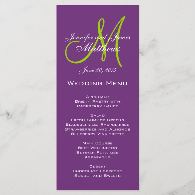 Purple Damask Monogram Wedding Menu Cards (Front)