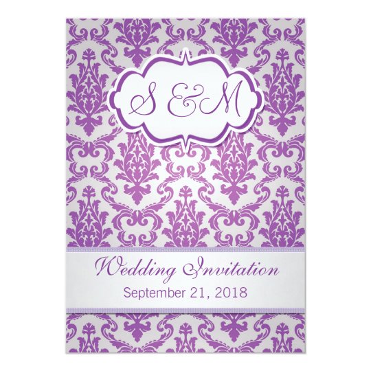 Purple damask on silver background Wedding Card