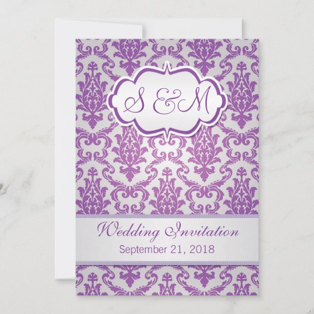 Purple damask on silver background Wedding Invitation (Front)