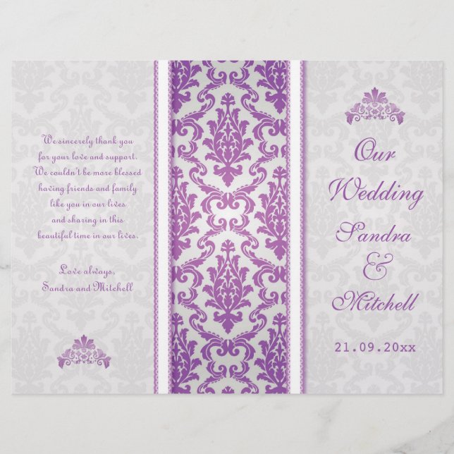 Purple damask on silver Wedding Program (Front)