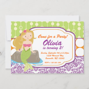 Purple Damask, Orange Polka Dot, Mermaid Birthday Invitation