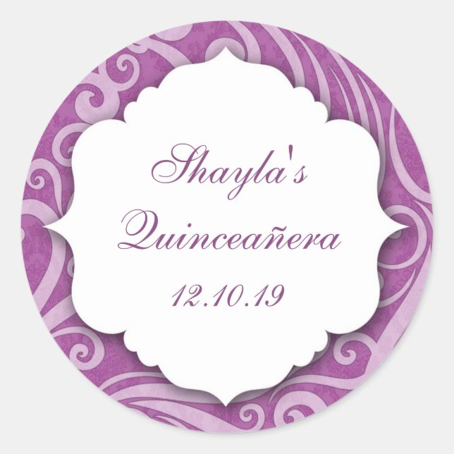 Purple Damask Party Favour Sticker (Front)