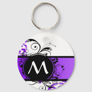 Purple damask pattern and monogram key ring