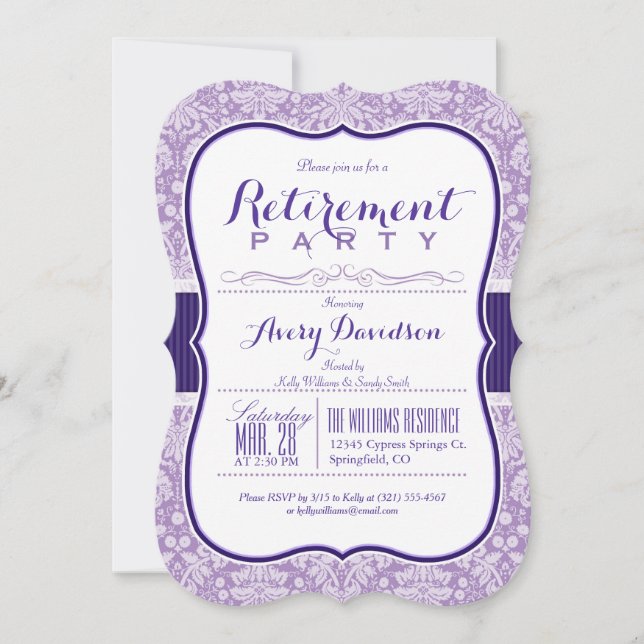 Purple Damask Pattern; Elegant Retirement Party Invitation (Front)