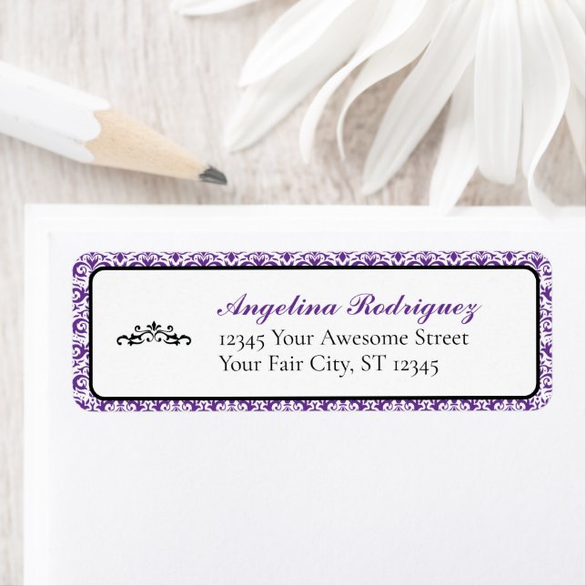 Purple Damask Pattern Graduation Return Address Label (Insitu)