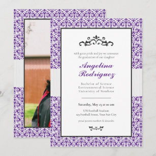 Purple Damask Pattern Photo Graduation Invitation