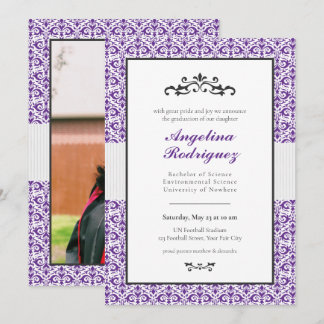 Purple Damask Pattern Photo Graduation Invitation