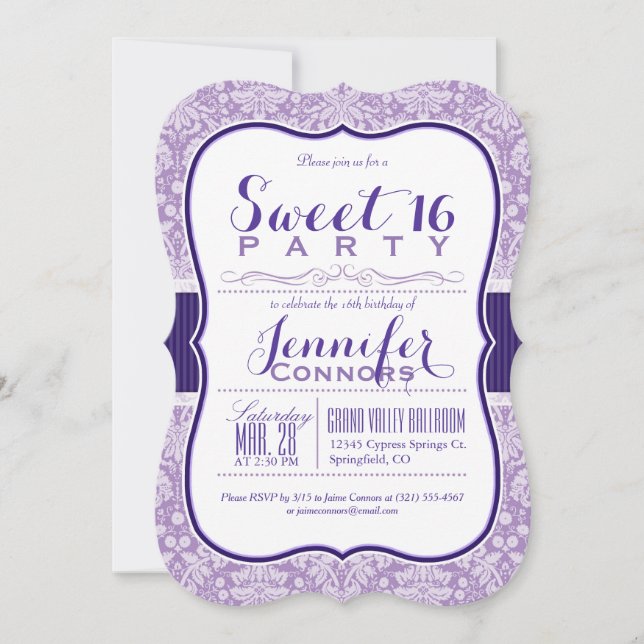 Purple Damask Pattern; Sweet 16 Birthday Party Invitation (Front)