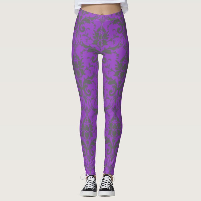 Purple Damask Pattern Women's Workout Leggings (Front)